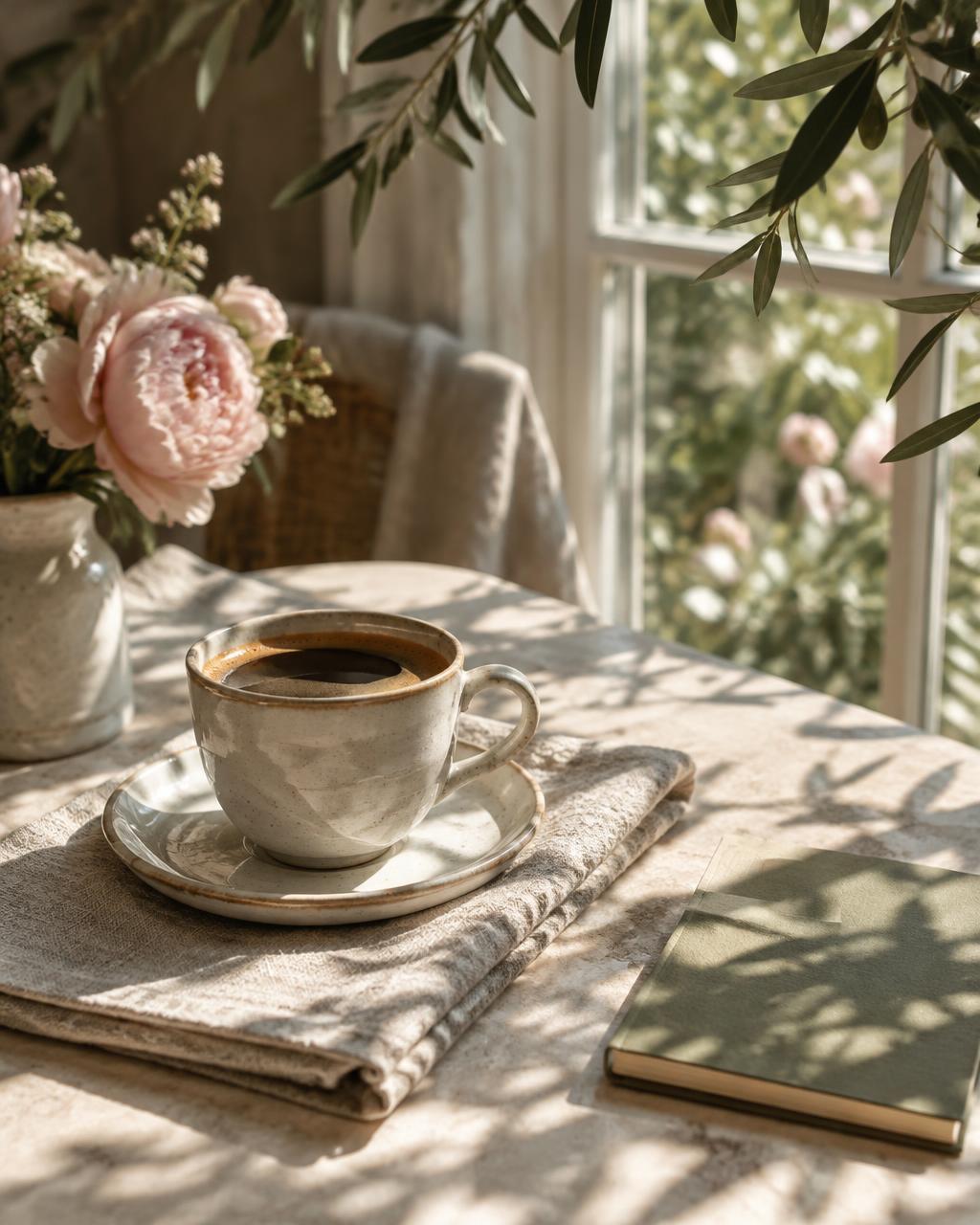 Uma pausa com café, flores e caderno